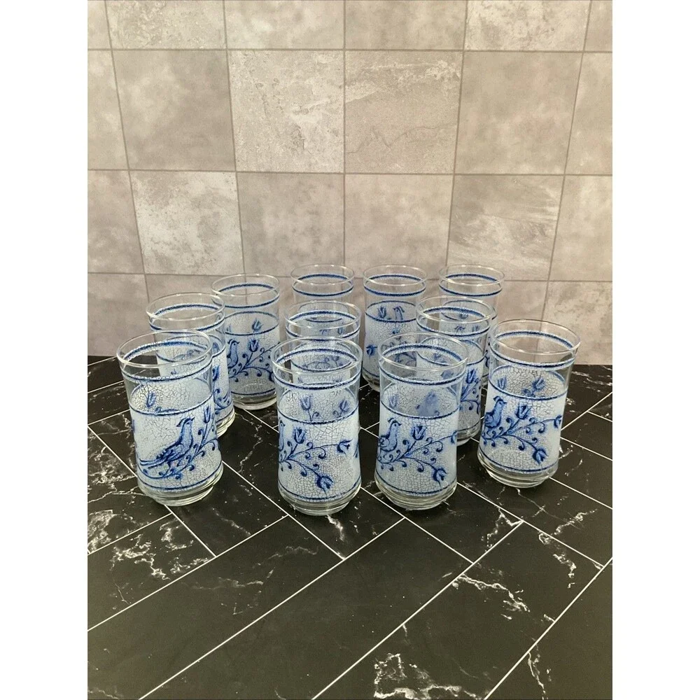 Libbey 10 oz glasses Frosted Blue bird and flower 5.25” X 2.50” Set of 11